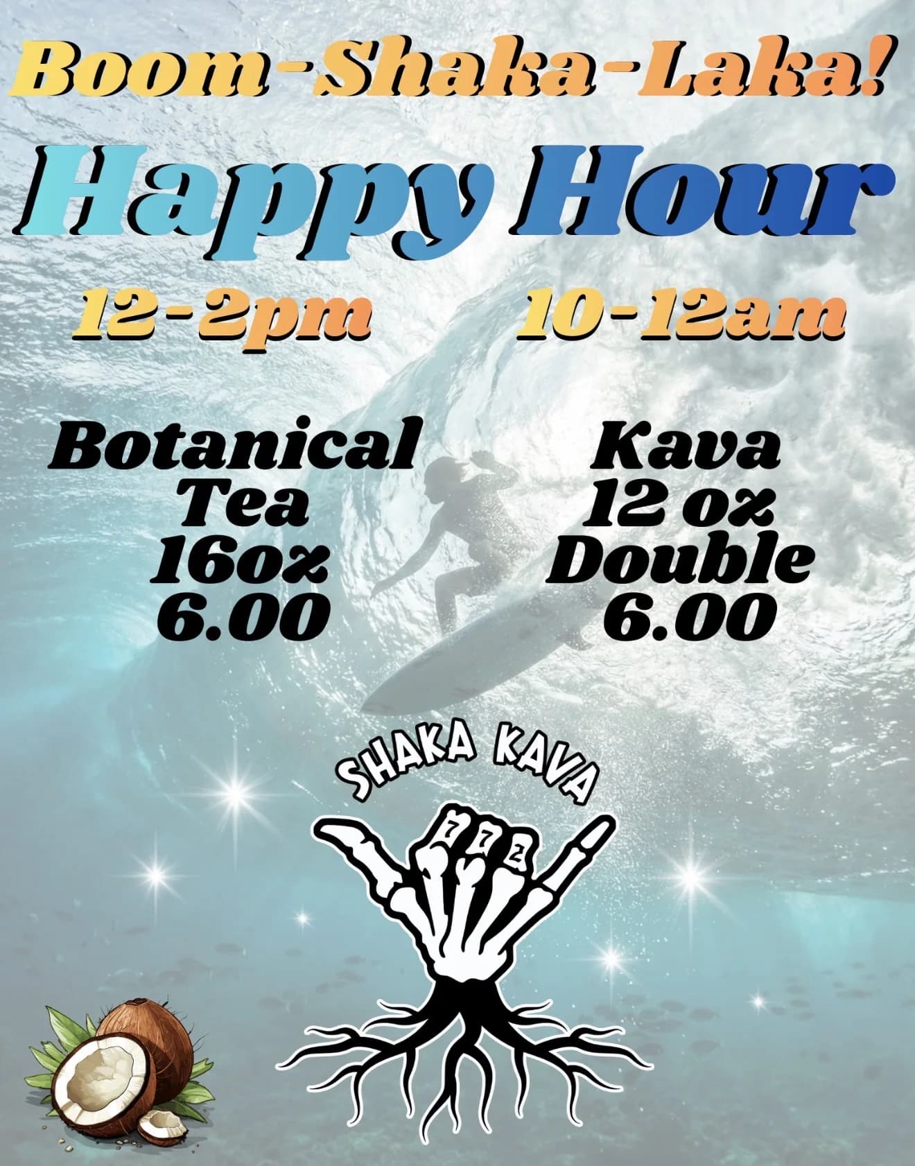 The Boom-Shaka-Laka happy hour poster: 12 to 2 PM and 10 PM to midnight