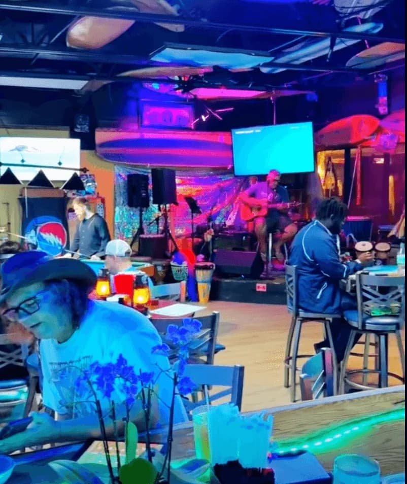 A band playing on the stage under colored lights while guests watch from the bar